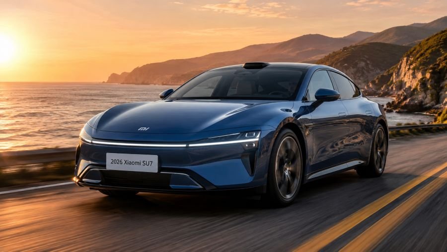2026 Xiaomi SU7 driving on a coastal highway