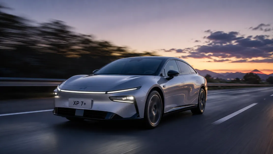 XPeng P7+ AI-defined electric sedan driving on a European motorway
