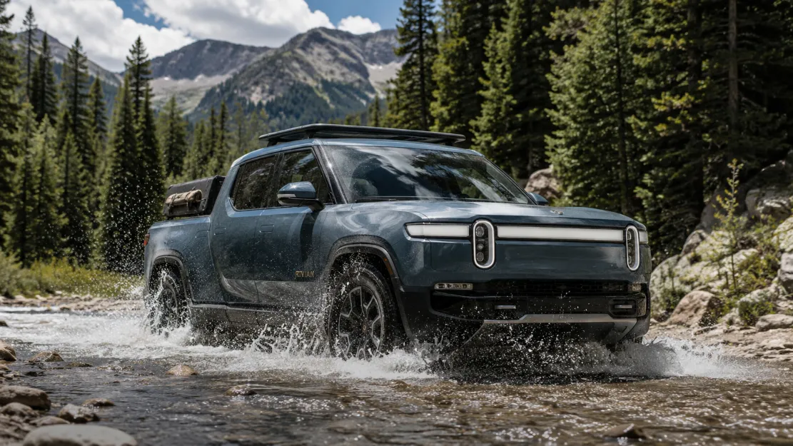 Rivian R1T adventure electric pickup truck fording water on a forest trail