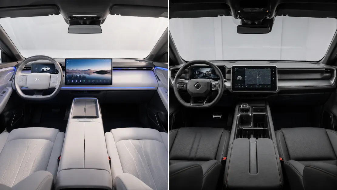 Comparison of XPeng tech-focused interior and Rivian rugged adventure interior