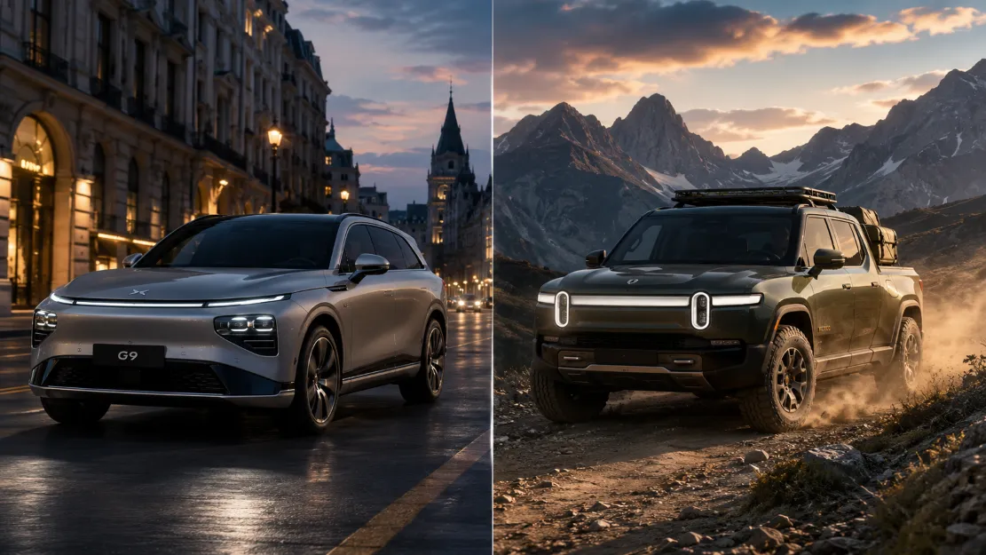 XPeng electric SUV compared side by side with a Rivian adventure electric pickup truck