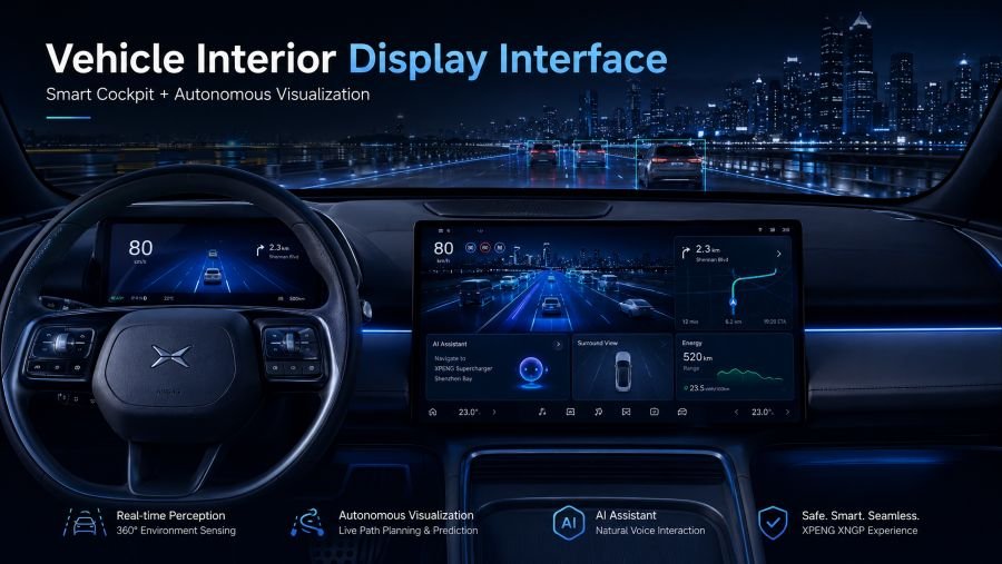 Xpeng vehicle interior display showing XNGP highway navigation interface