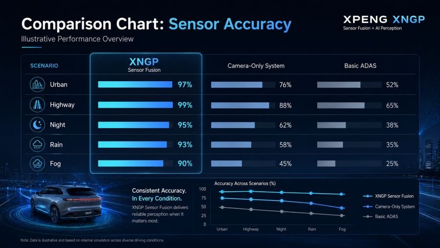Comparison chart of autonomous driving systems sensor accuracy and performance metrics