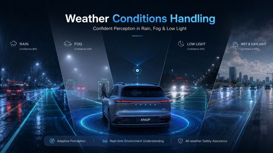 Xpeng XNGP handling challenging weather conditions and low visibility driving scenarios