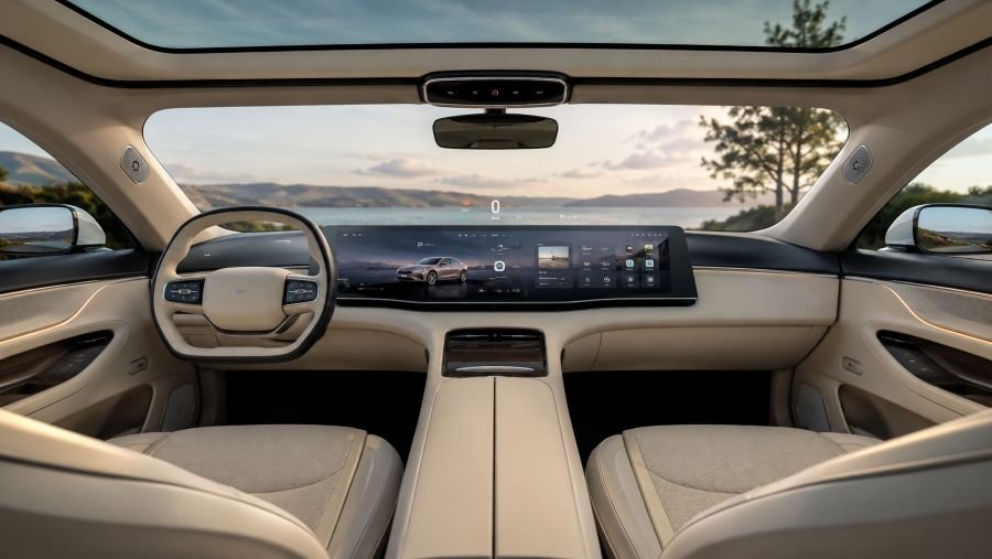 Modern EV cabin with large touchscreen and minimalist dashboard