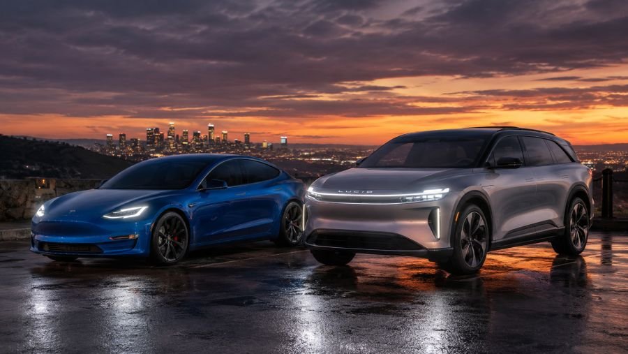 Zeekr and Lucid electric vehicles parked together at dusk
